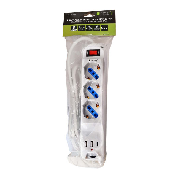Multipresa 3 Posti 10/16 A Bipasso/Schuko con 3 Porte USB-A/C™ Bianca